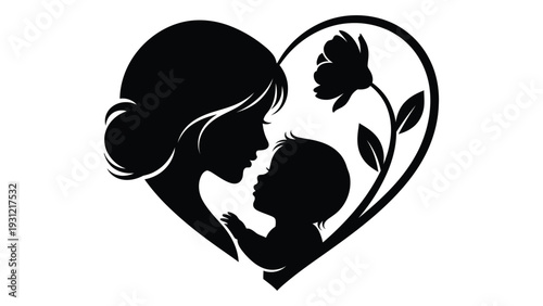 A mother and child in a heart shaped frame isolated on white background, Vector