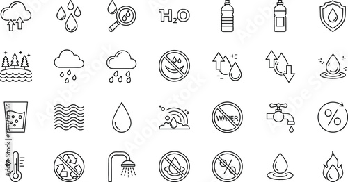 Water Conservation and Hydration Icon Set with Drop Rain Tap Shield and H2O Outline Symbols Collection