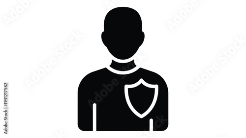 A black silhouette of a person with a shield on their chest isolated on white background, Vector