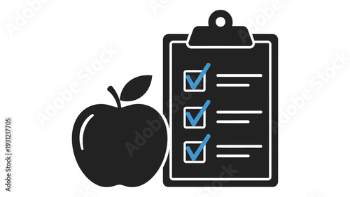 A checklist and an apple on a clipboard isolated on white background, Vector