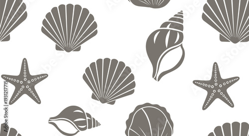 Seashell and Starfish Vector Pattern Seamless Nautical Beach Design in Monochrome Style