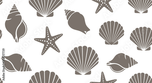 Seashell and Starfish Vector Pattern in Neutral Colors for Summer Beach Designs