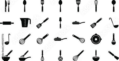 Black silhouette icons of kitchen utensils and cookware including knives, forks, spoons, spatulas, whisks, ladles, rolling pins, pans, bowls, strainers for cooking design projects.