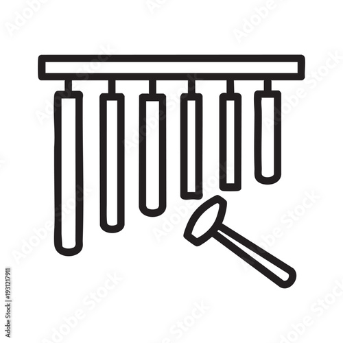 A black and white drawing of a xylophone and a mallet