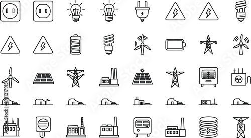 Electricity and Power Generation Icon Set with Plug Solar Panel Wind Turbine and Factory Energy Symbols