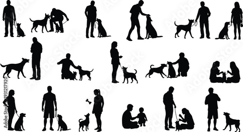 Silhouette collection of people interacting with dogs, walking pets, training, playing, family bonding, companionship, pet care, affection, and outdoor activities illustration set