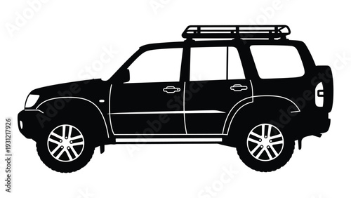 A black silhouette of a four door suv with roof rack isolated on white background, Vector