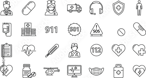 Emergency and Medical Icon Set with Doctor Ambulance SOS Heart and Healthcare Outline Symbols