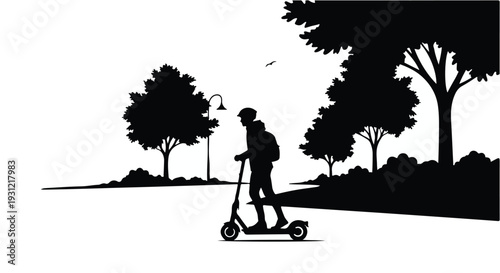 Young person riding electric scooter in park, enjoying outdoor freedom.