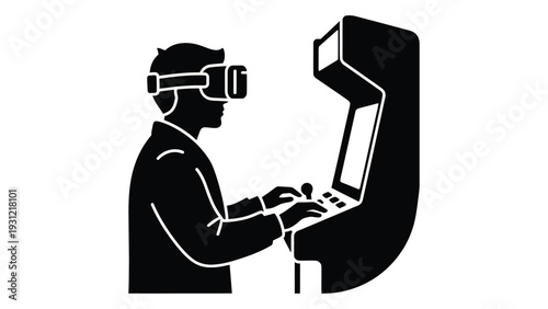 A man wearing virtual reality goggles playing a video game isolated on white background, Vector