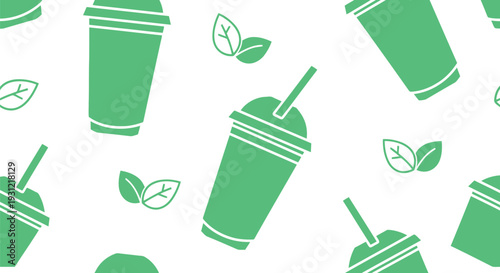 Eco-friendly smoothie cup vector pattern with green leaves seamless background design