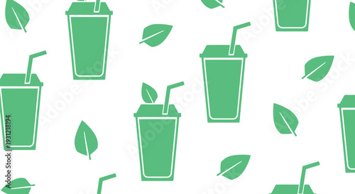 Green smoothie cup and leaf seamless vector pattern for healthy lifestyle backgrounds