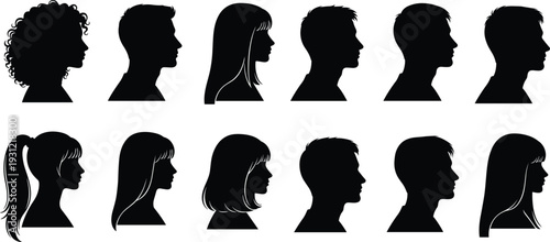 Silhouettes of diverse human head profiles, vector illustration showing hairstyles and face shapes, creative design elements representing individuality and diversity