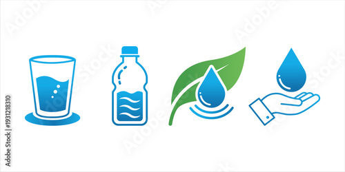 Water and hydration icon set featuring a glass, plastic bottle, leaf with droplet, and hand holding water. Blue gradient vector illustration for health and environment isolated on white.