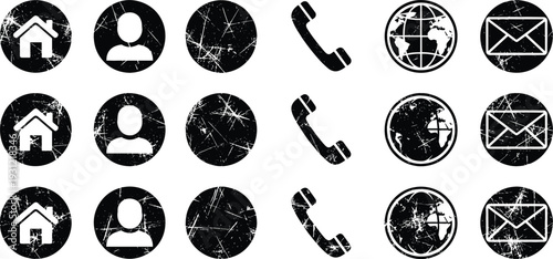 Grunge Contact and Communication Icon Set with Home User Phone Globe and Email Round Symbols