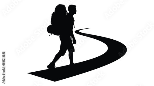 A person walking on a winding road with a backpack isolated on white background, Vector