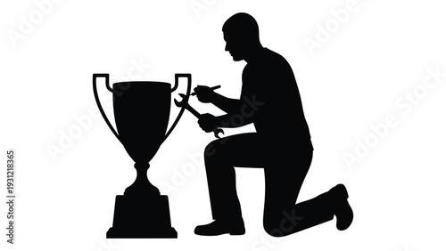 A man kneeling next to a trophy cup isolated on white background, Vector