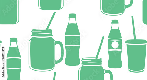 Seamless vector pattern of drink bottles and jars with straws in green on white background