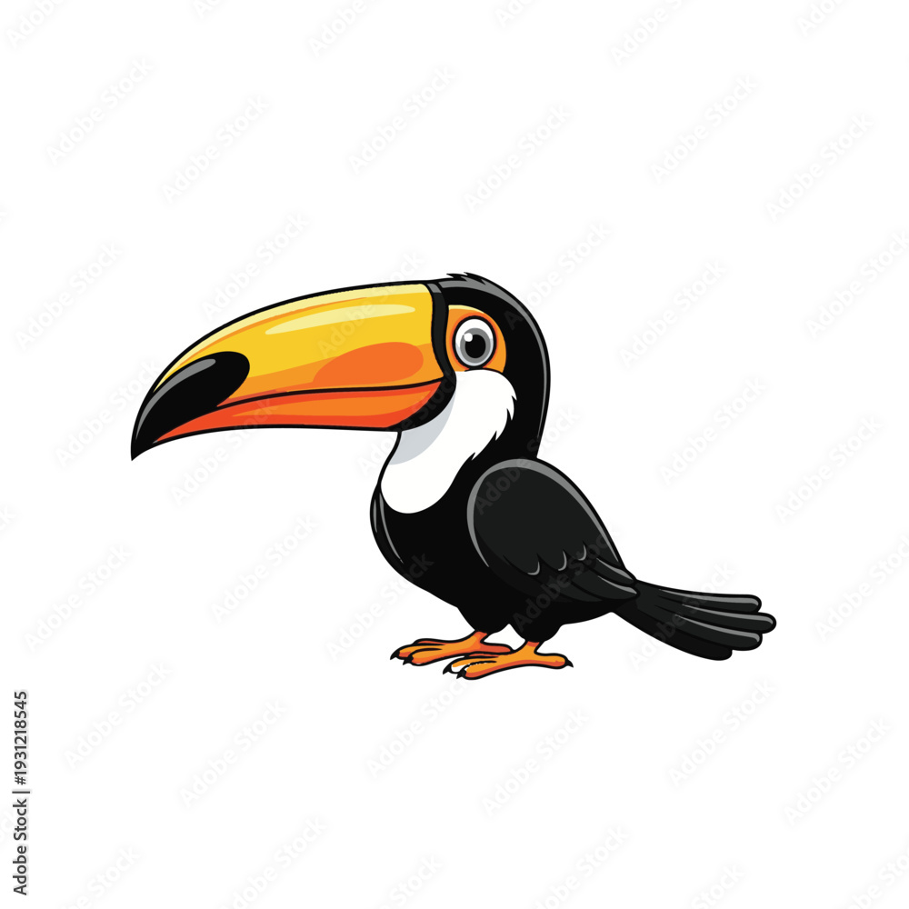 Obraz premium Cute cartoon toucan illustration, tropical bird character with large orange beak isolated on white