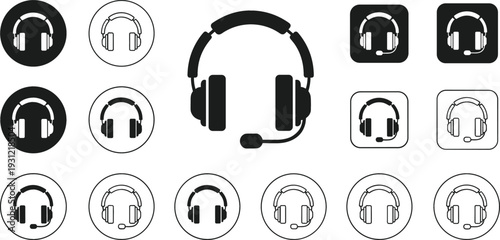 Headset and Customer Support Icon Set with Call Center Headphones and Microphone Symbols in Line and Solid Style