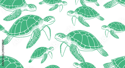 Green Sea Turtle Vector Pattern Seamless Background for Summer Ocean Wildlife Designs