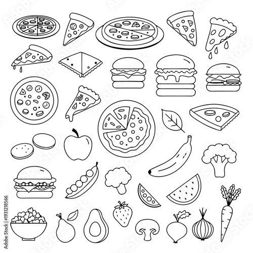 Food and Drink Icon Bundle Vector Line Art and Colorful Flat Illustrations