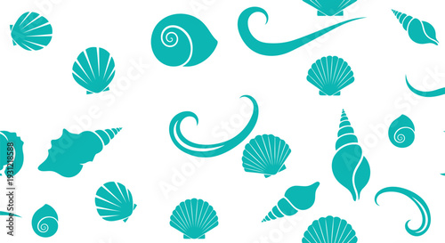 Seashell vector pattern seamless background in turquoise for summer beach design