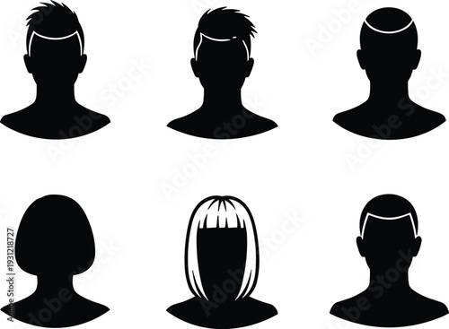 Silhouettes of diverse male and female head profiles with varied hairstyles, identity concept, hairstyle study, avatar illustration design