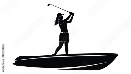 A woman plays golf on a boat isolated on white background, Vector
