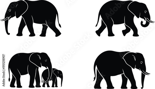 Elephant silhouette collection with walking and family poses, showcasing wildlife nature, parent and child bond, and artistic design
