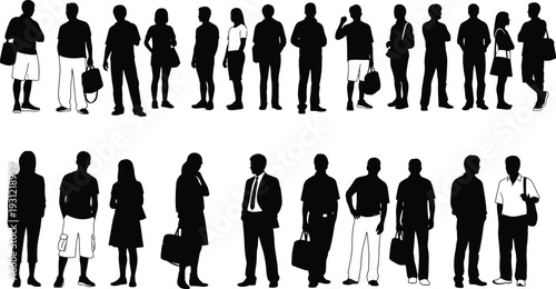 Silhouettes of diverse people standing, casual and business attire vector illustration, human figures icon design, public crowd graphic art