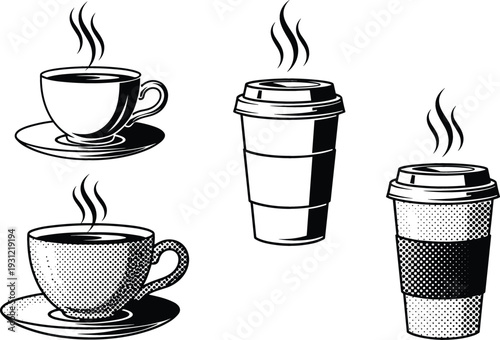 Hot Coffee Cup and Takeaway Mug Icon Set with Steam Beverage Silhouette Illustration Collection