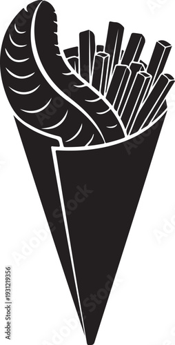 Hot Dog Sausage and French Fries in a Paper Cone Black and White Icon Vector Illustration for Snack Bar Menu , Generative Ai