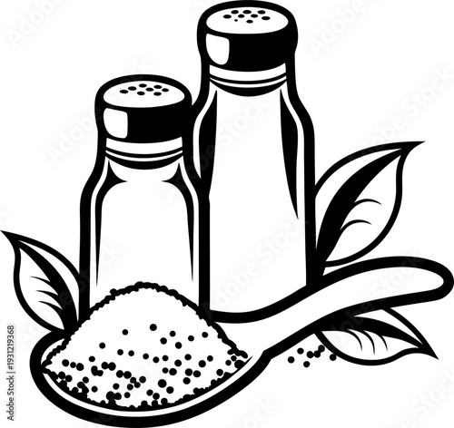 Salt and pepper shakers with seasoning in spoon and decorative leaves, culinary kitchen essentials