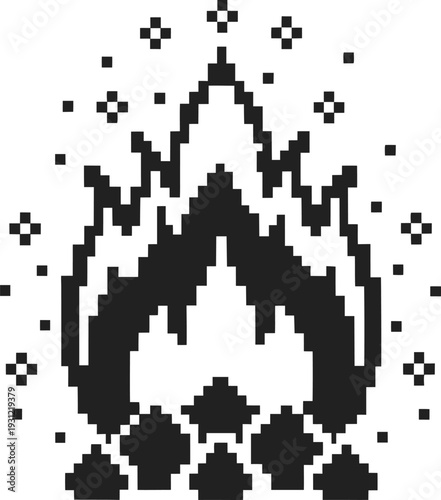 pixelated campfire design with flickering flames and glowing embers in retro 8 bit