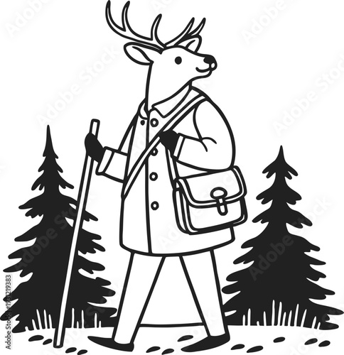 anthropomorphic deer wearing coat and gloves hiking with walking stick and satchel in forest