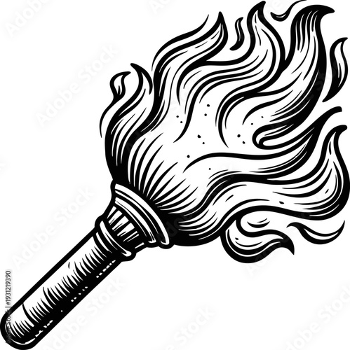 handheld flaming torch with detailed flame illustration in black and white vintage