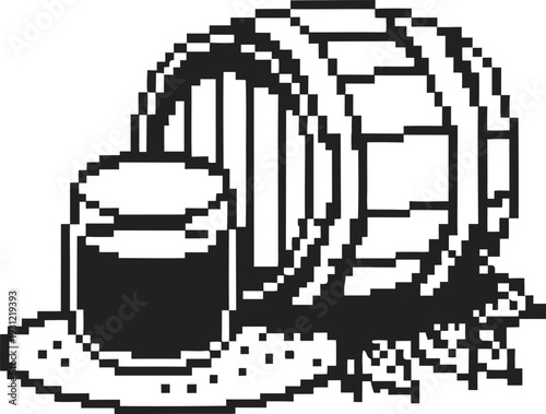 pixel art wooden barrel with spilled liquid and a filled glass depicting vintage beverage concept