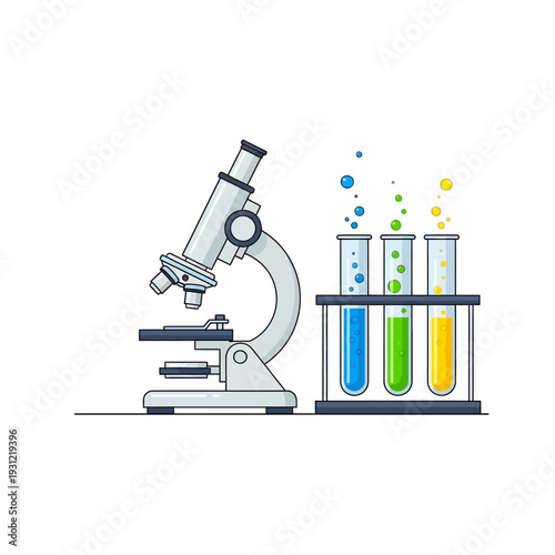 Microscope and colorful test tubes with bubbles, science laboratory equipment, research concept