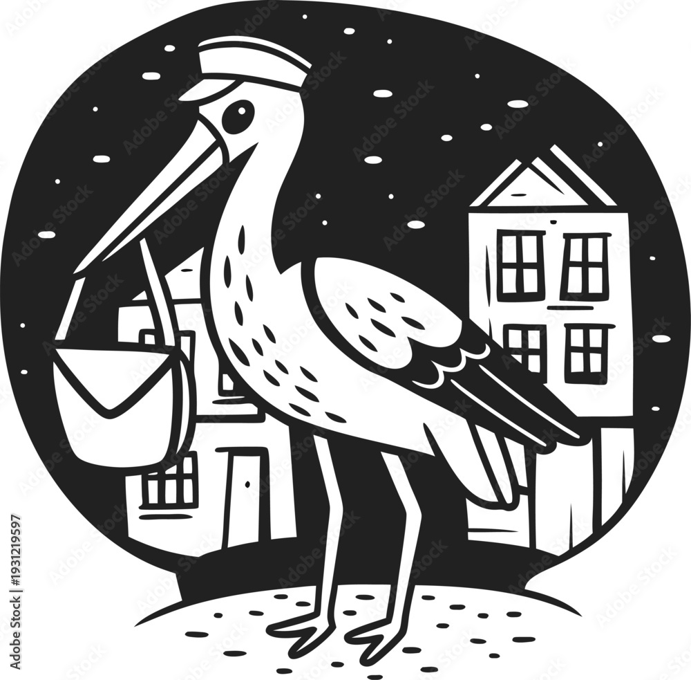Fototapeta premium stork wearing a cap carrying a bag in its beak, walking in a town under a starry night sky