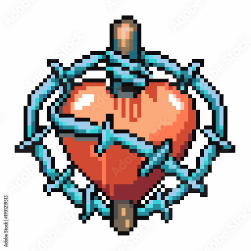 pixel art heart pierced by dagger and wrapped in blue barbed wire, symbolizing pain, protection, and emotional struggle