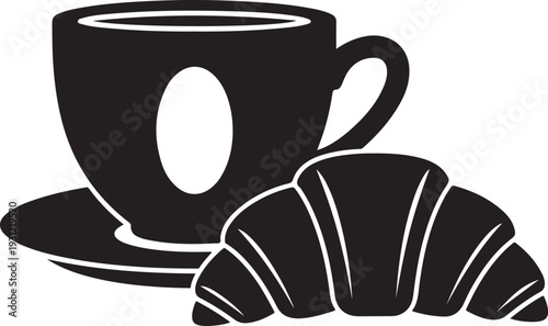 Classic Breakfast with Coffee Cup and Flaky Croissant Black and White Icon Vector Illustration for Bakery , Generative Ai