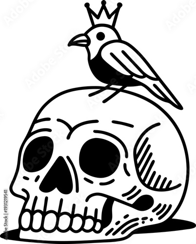 Skull with bird wearing crown perched on top, black and white outline drawing with shaded details and hollow eyes