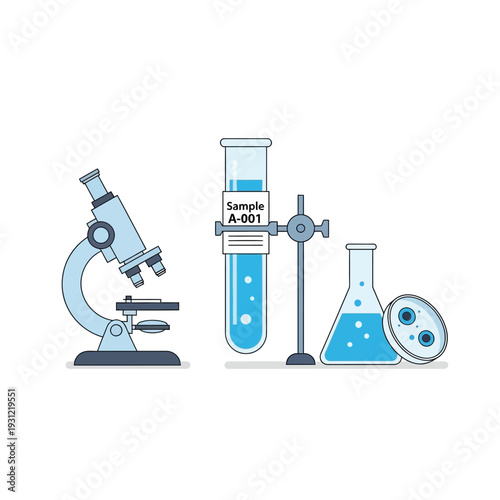 Microscope, Test Tube, Flask, Petri Dish - Laboratory Science Equipment Illustration