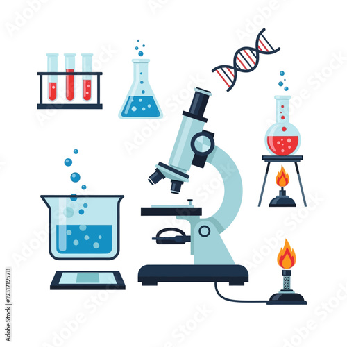 Science Lab Equipment: Microscope, DNA, Test Tubes, Beakers, Bunsen Burner