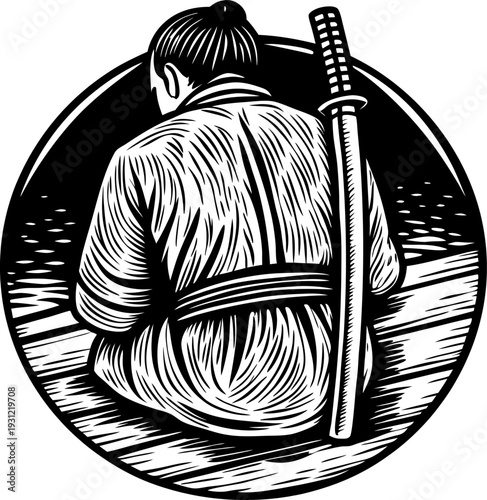 Samurai sitting with katana sword on back, traditional warrior illustration in circular frame