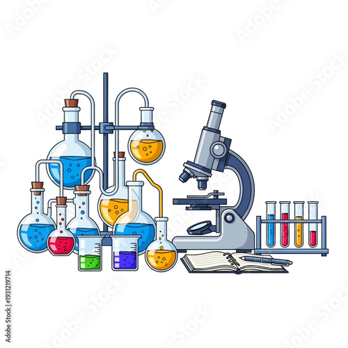 Science Lab Equipment: Microscope, Flasks, Test Tubes, and Beakers