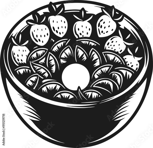 Fruit bowl with strawberries and kiwi slices arranged in a decorative pattern