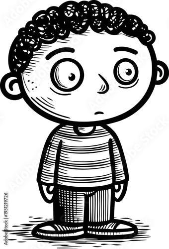 Curious boy with curly hair, striped shirt, wide eyes, standing and looking forward in black and white sketch