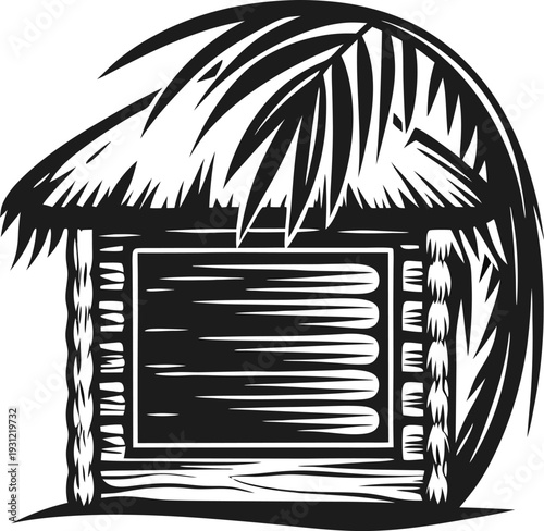 Rustic tropical hut with thatched palm roof, wooden walls, and simple structure reflecting island lifestyle